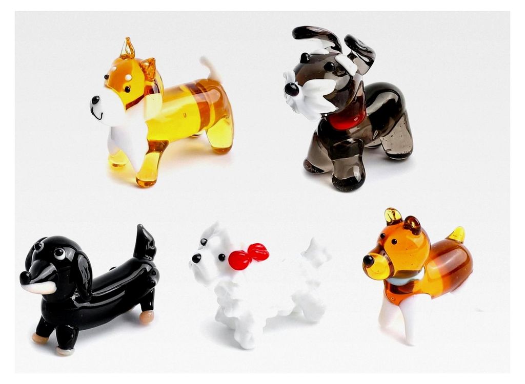 5 Stück mundgeblasene Glasfiguren, Mini-Hundestatuen, einschließlich Dackel, Beagle und Welpen, Glastierfiguren für Sammler und Heimdekoration