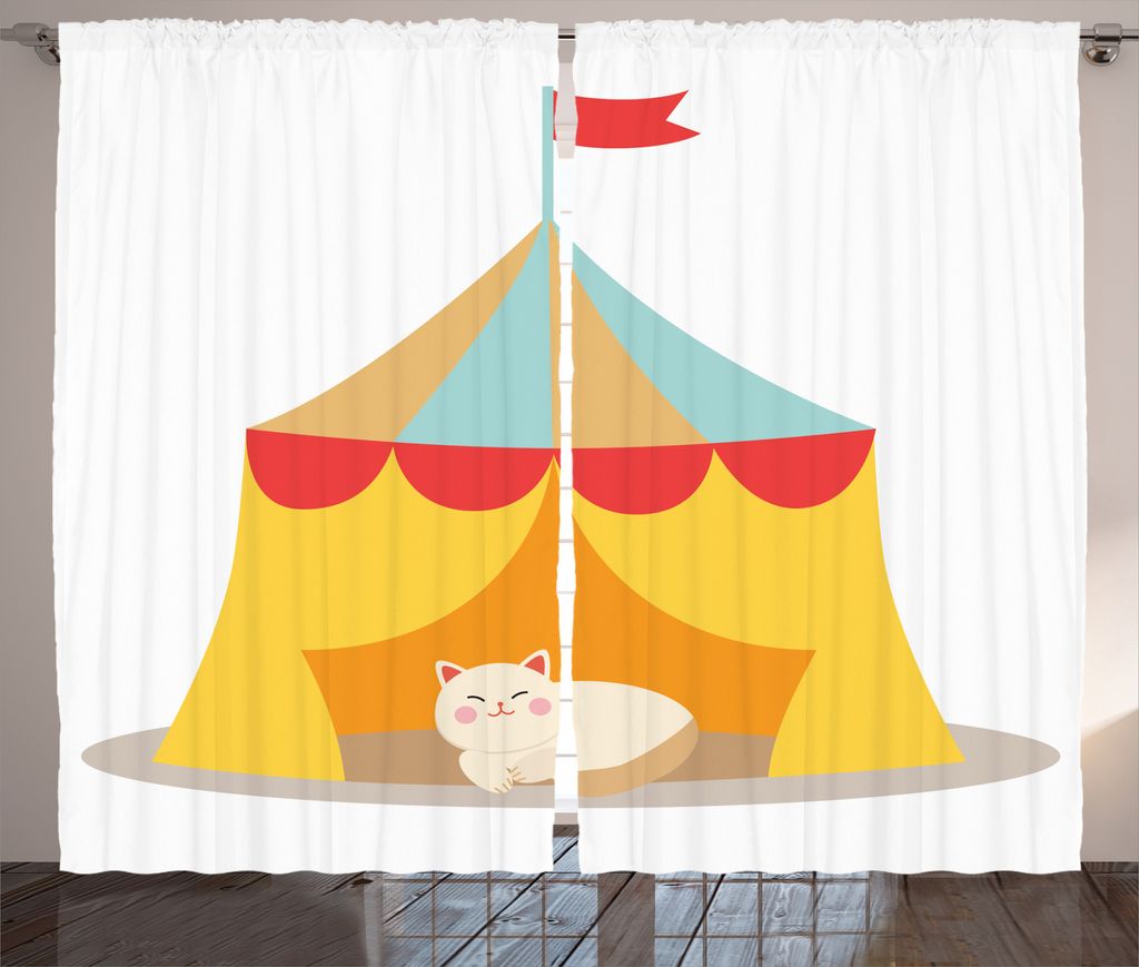 ABAKUHAUS Kätzchen Rustikaler Gardine, Furry Katze in einem Zirkus, Schlafzimmer Kräuselband Vorhang mit Schlaufen und Haken, 280 x 175 cm, Gelb Rot