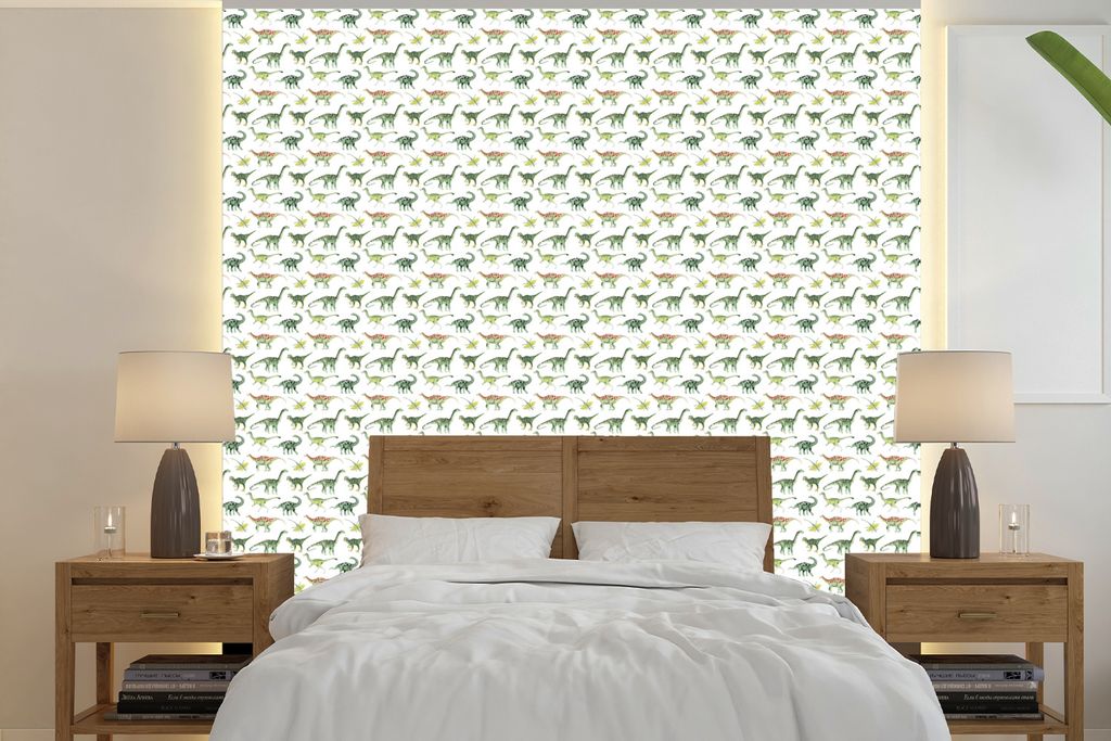 MuchoWow Fototapete für Wohnzimmer oder Schlafzimmer Wandtapete Vinyl Motivtapete Jungen - Kinder - Dinosaurier - Muster - 240x240 cm - Schlafzi...