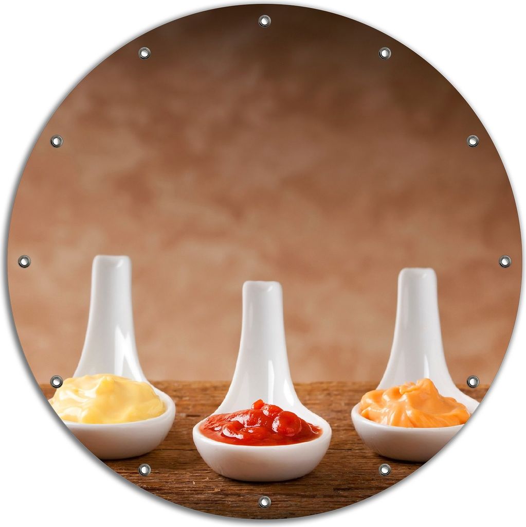 Wallario rundes Outdoor-Poster für Garten oder Balkon, Motiv Verschieden Soßen auf Keramiklöffeln, 90 cm Durchmesser