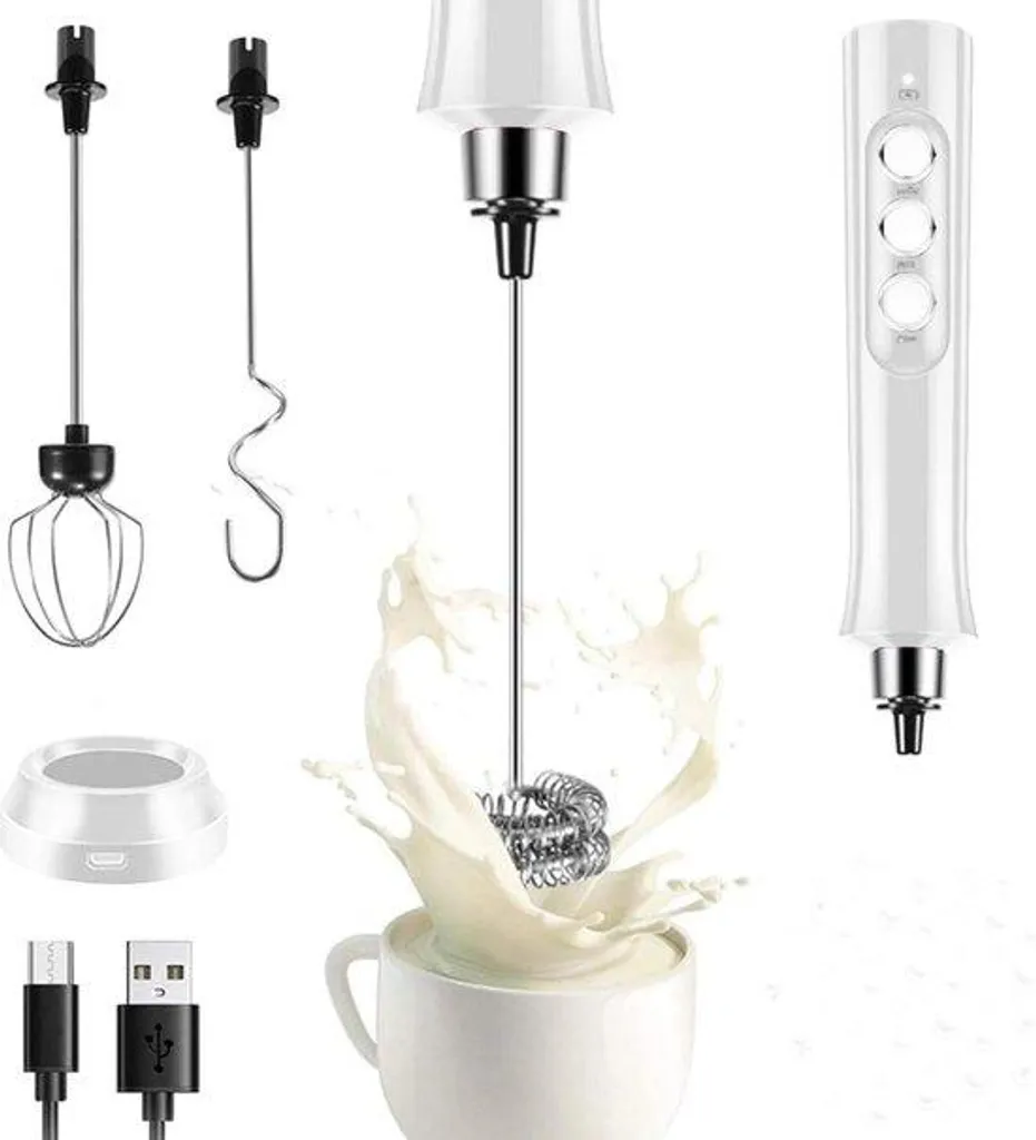 Mousseur à lait électrique 3-Garten blanc à 3 vitesses et recharge USB