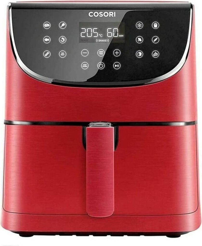 A front view of a red Cosori air fryer on a white background.