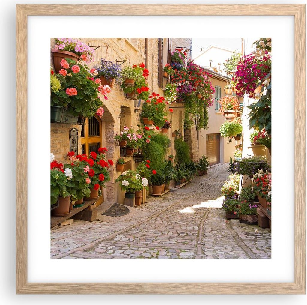 Gerahmtes Poster - Rahmen in heller Eiche - Blume Straße Haus - 40x40 cm - Wand Bild - Wanddeko - Wandbilder - Wandposter - Bilderrahmen - Bilder ...