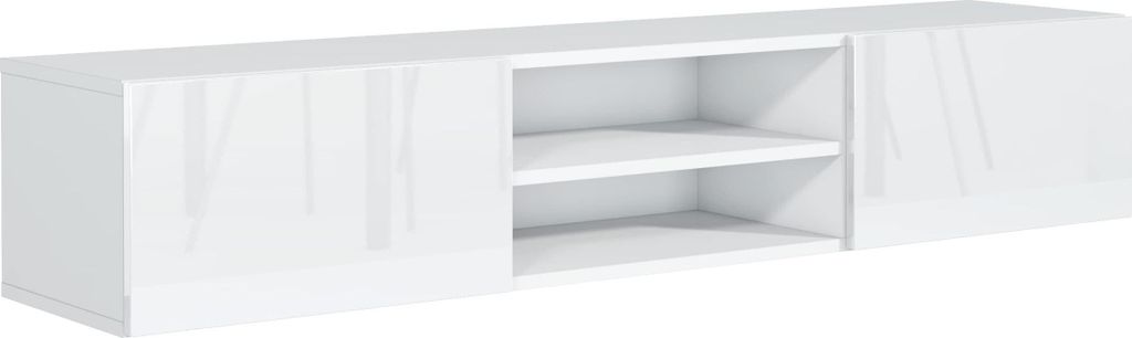 A white, modern TV cabinet with two open shelves in the center and two closed compartments on the sides.