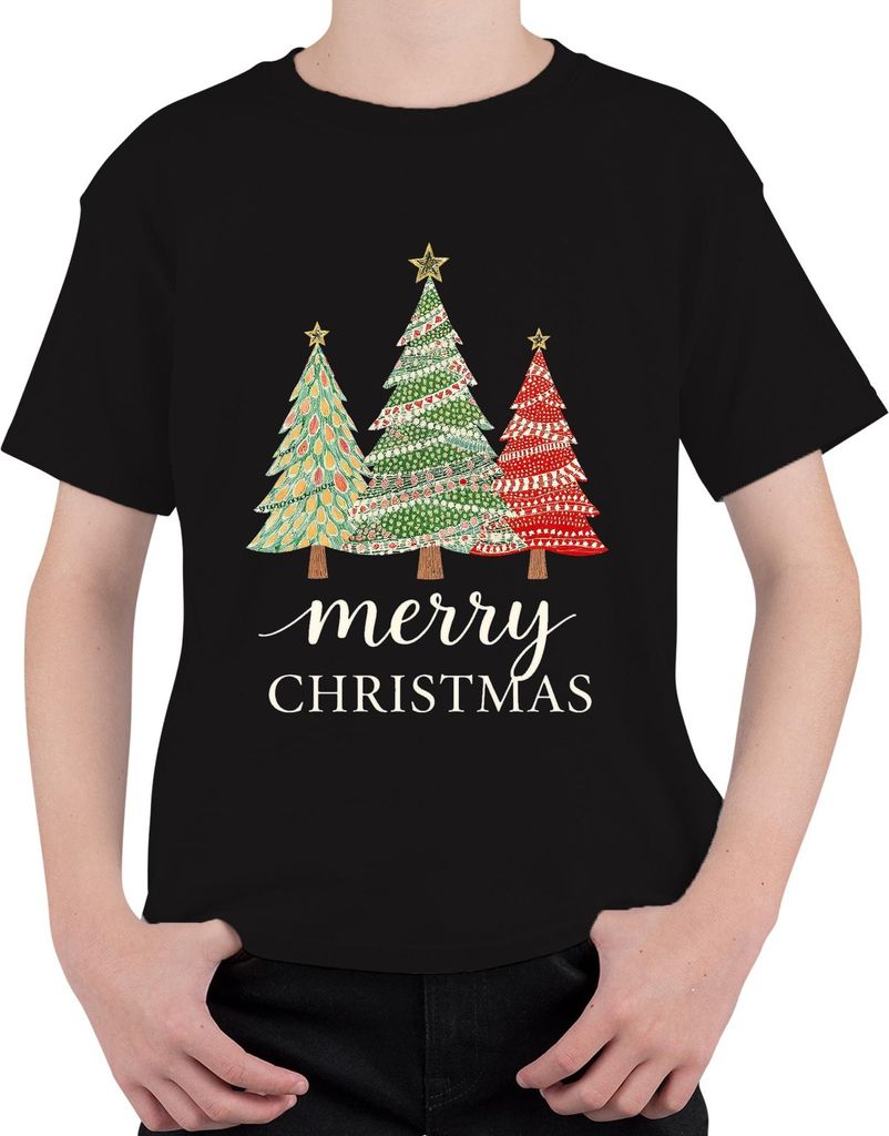 Merry Christmas Weihnachtsbäume Tannenbaum Trio Festlich Vintage Uni Kinder T-Shirt, Schwarz, 116