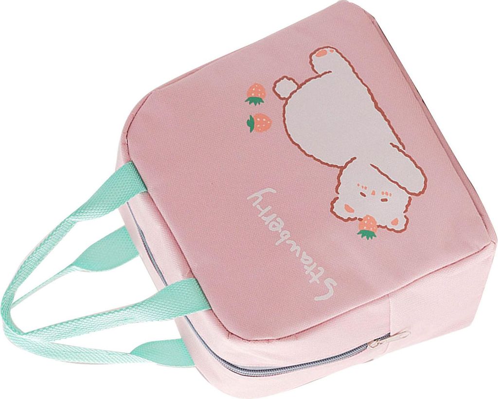 Lunch Bag Cartoon Style Zipper Widened Handle Oxford Cloth Aluminum Film Portable Lunchbox Bag for Student Pink