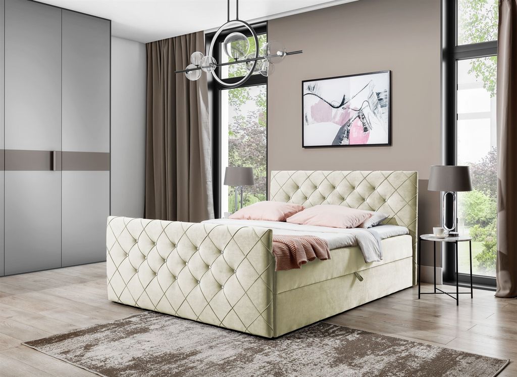 Boxspringbett Schlafzimmerbett EIVOR 120x220cm Stoff Magic Velvet Creme