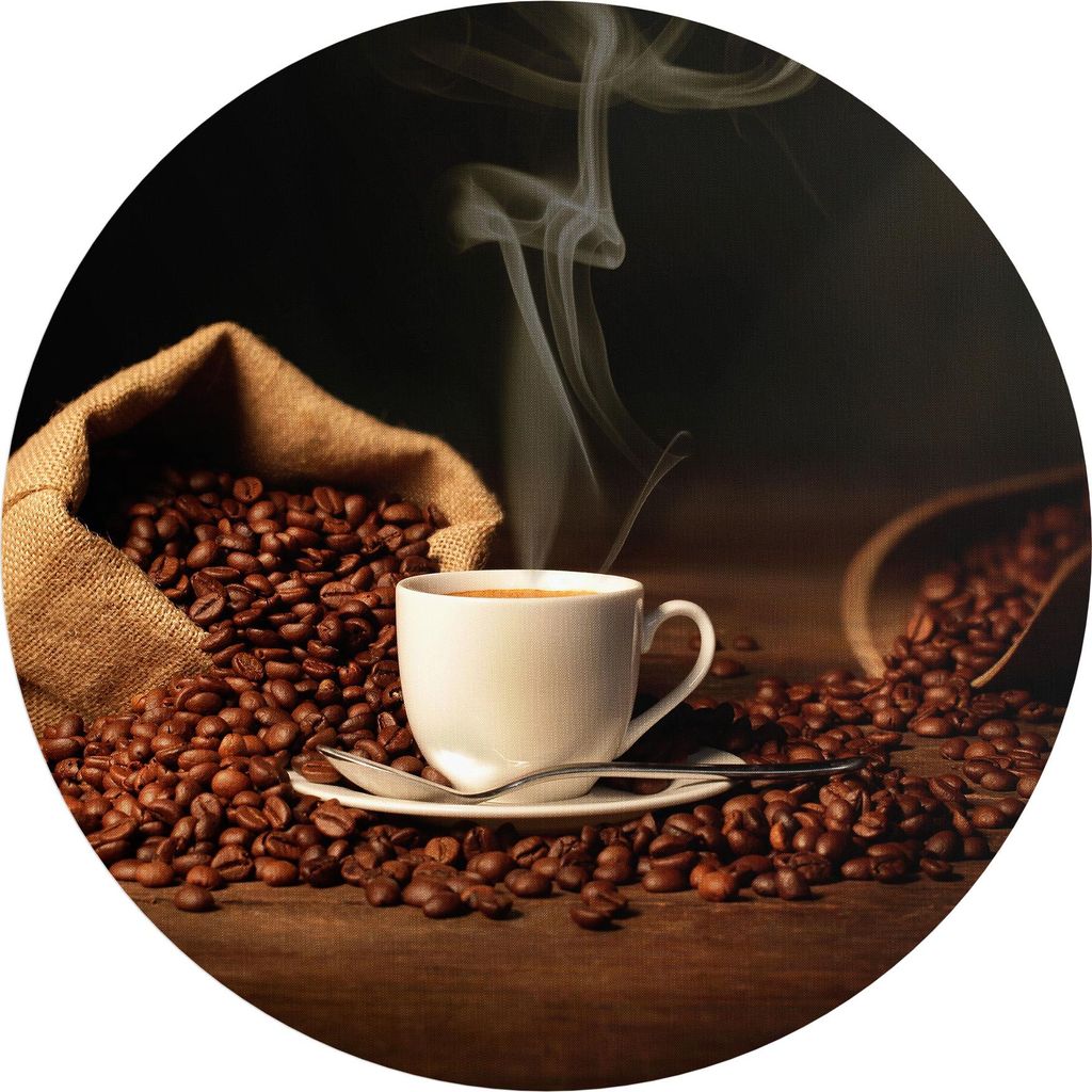 DEQORI Fototapete rund Ø 120 cm 'Kaffeetasse mit Bohnen' Wand Tapete Leinwand Sticker
