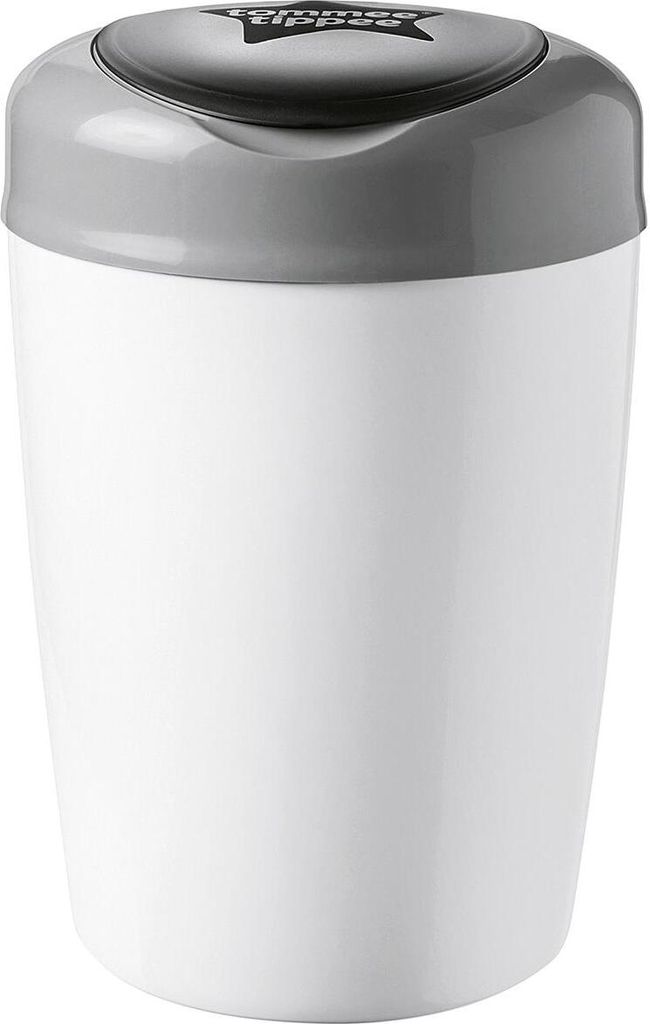 A white diaper pail with a gray lid.
