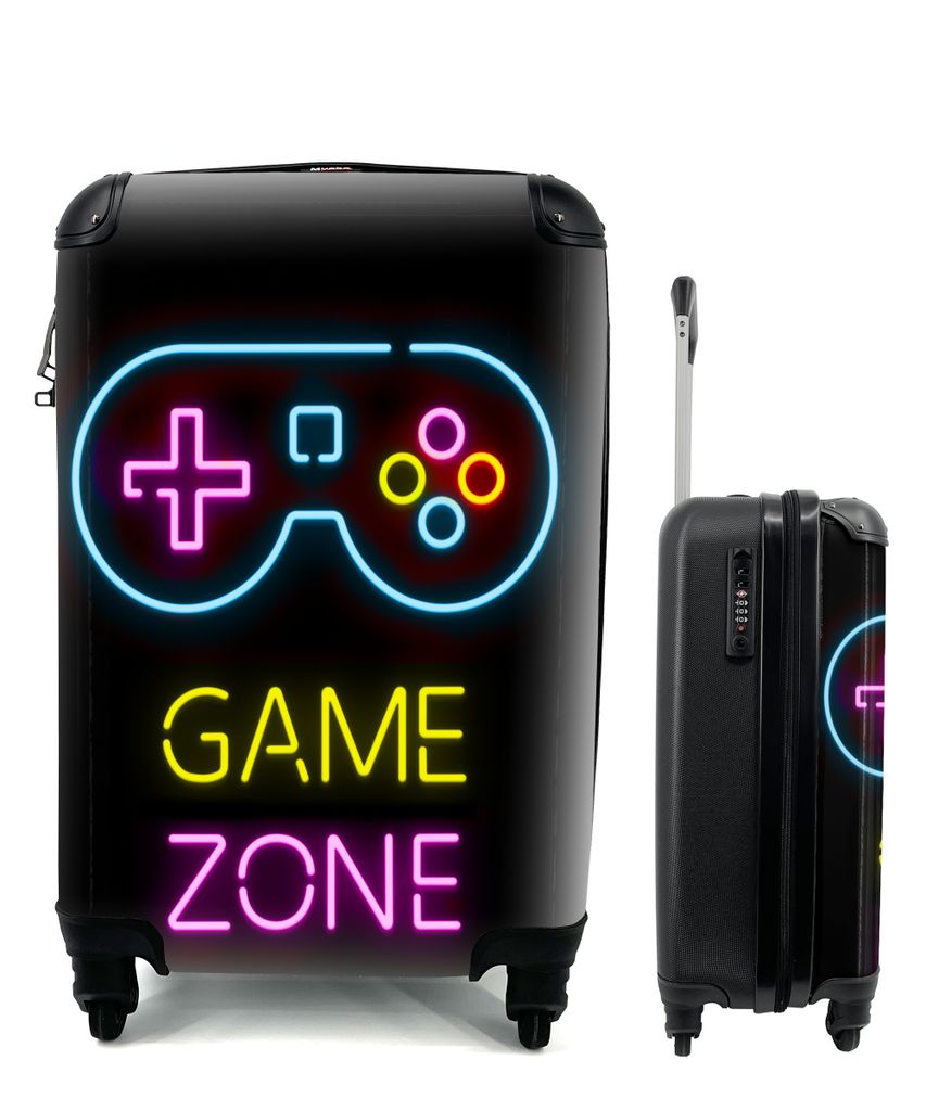 MuchoWow Koffer Handgepäck Trolley Rollkoffer Kleine Reisekoffer mit 4 Rollen - Controller - Spiel - Neon - Schwarz - Zitate - Spielzone - Cabin...
