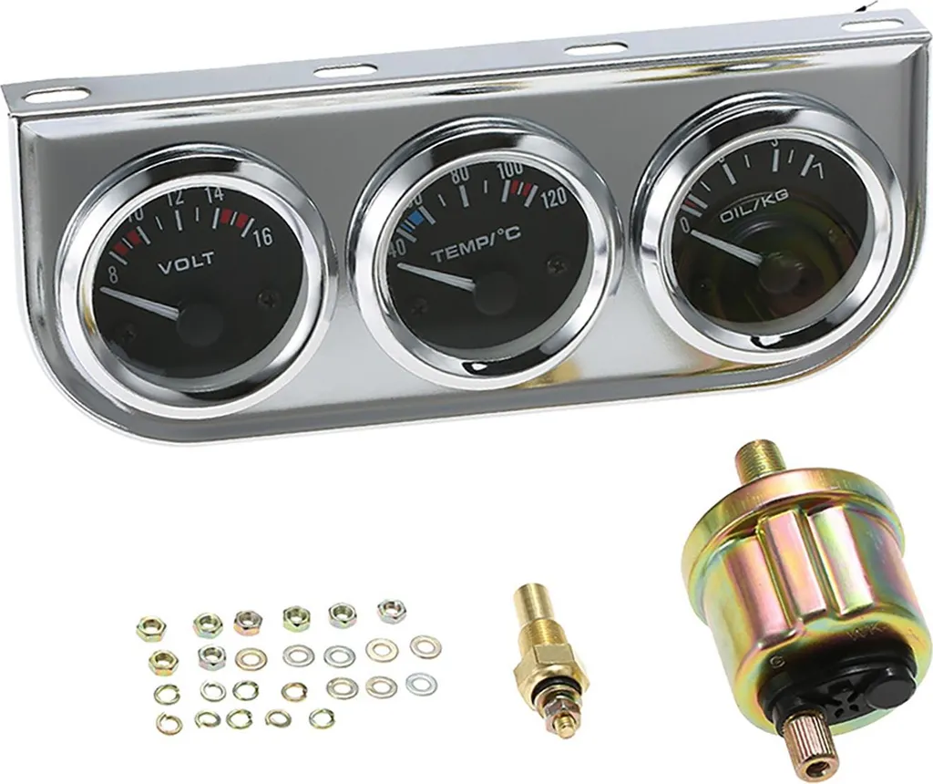 Kit Manomètre 3 en 1 de 52mm : Pression Huile, Eau et Voltmètre Chrome