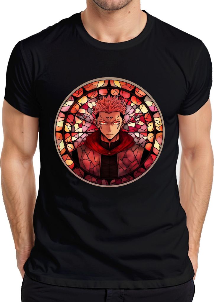 Anime Ästhetik Dämonenkrieger Rote Augen Buntglas Stil Manga düster Herren T-Shirt, Schwarz, XXL