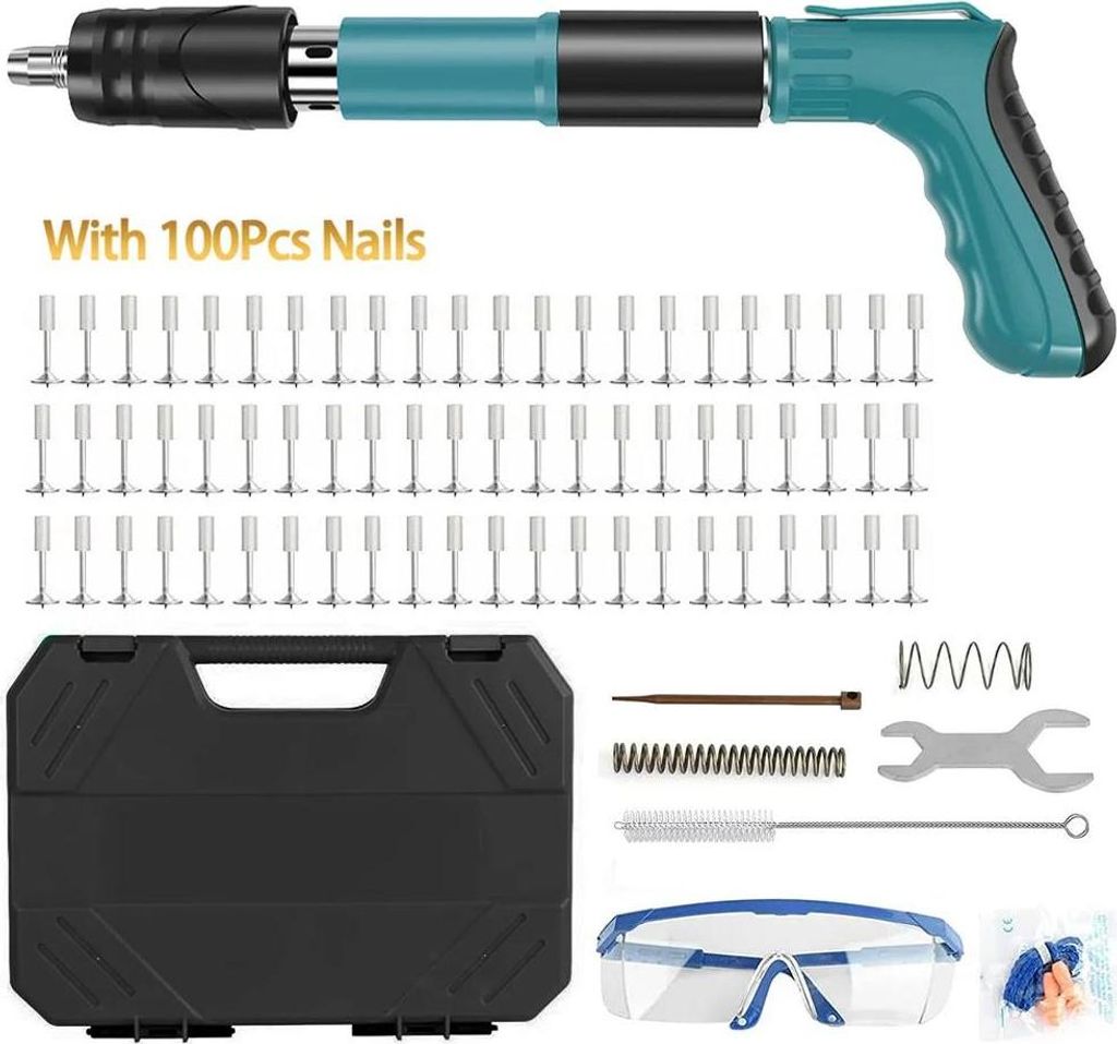Mini Nagelpistole für Beton - Manuelle Stahlnagel- und Nietpistole - Für Wand und Decke - Set mit 100 Nägeln und Aufbewahrungsbox