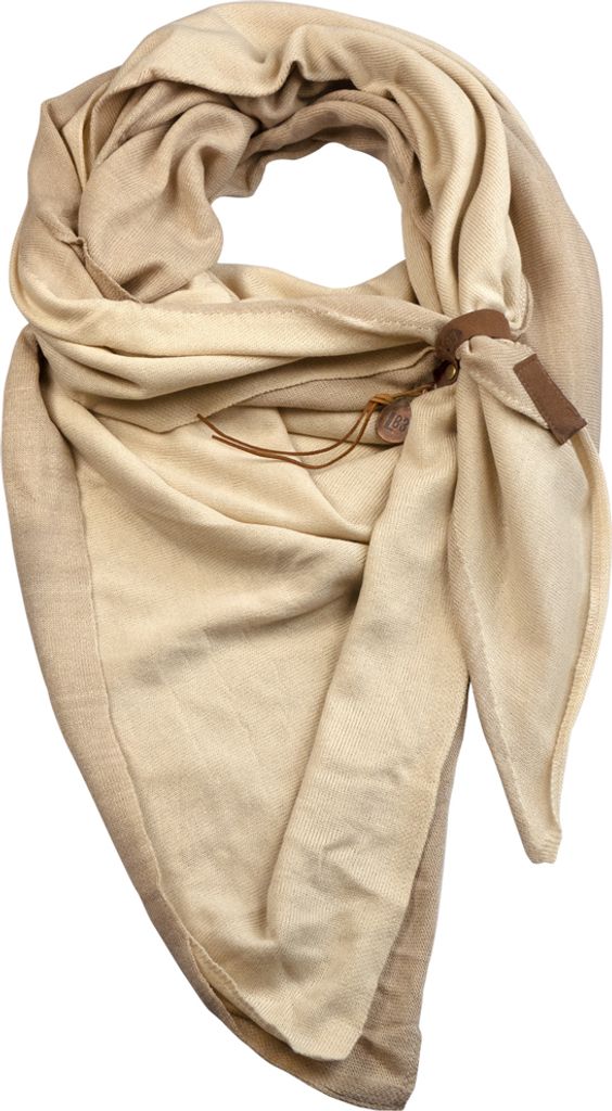 3-eckiger Feinstrickschal Fien Twin 2-farbig BEIGE ECRU mit Baumwolle und Lederdetail von Lot83 - Wickeltuch 90 x 200 cm