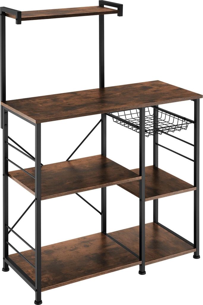 A kitchen baker's rack with shelves and a wire basket.