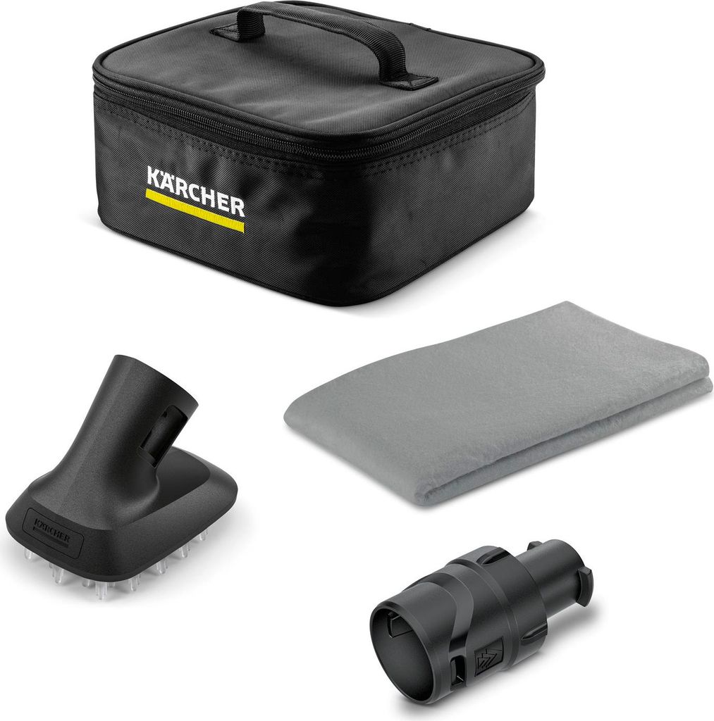 A collection of cleaning accessories for a Kärcher product, including a storage bag, a brush attachment, a microfiber cloth, and an adapter.