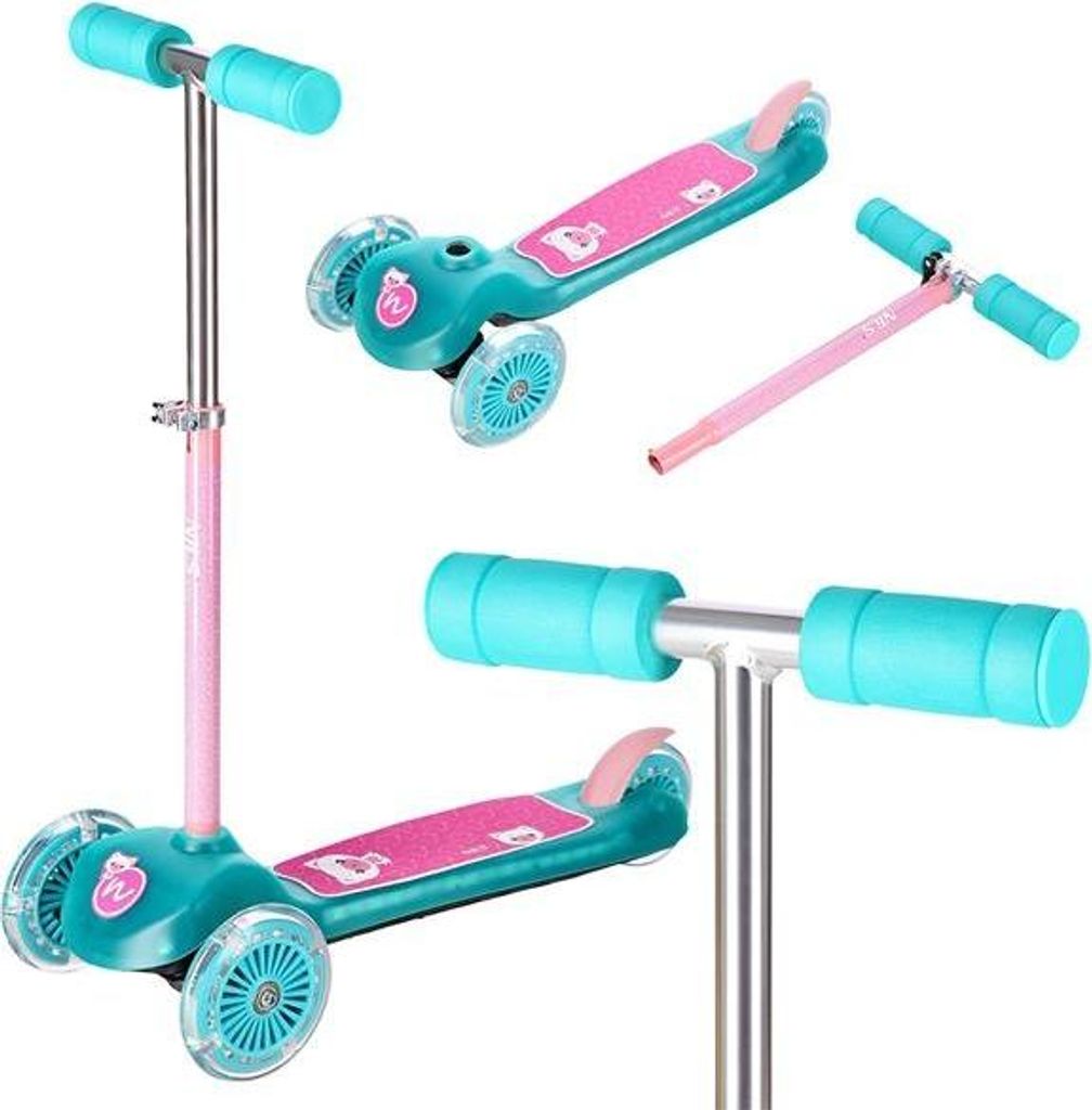 Nils Fun HLB001 Dreirad-Scooter, blaugrün, 3 Räder, LED-Beleuchtung, verstellbarer Lenker und Anti-Rutsch-Deck