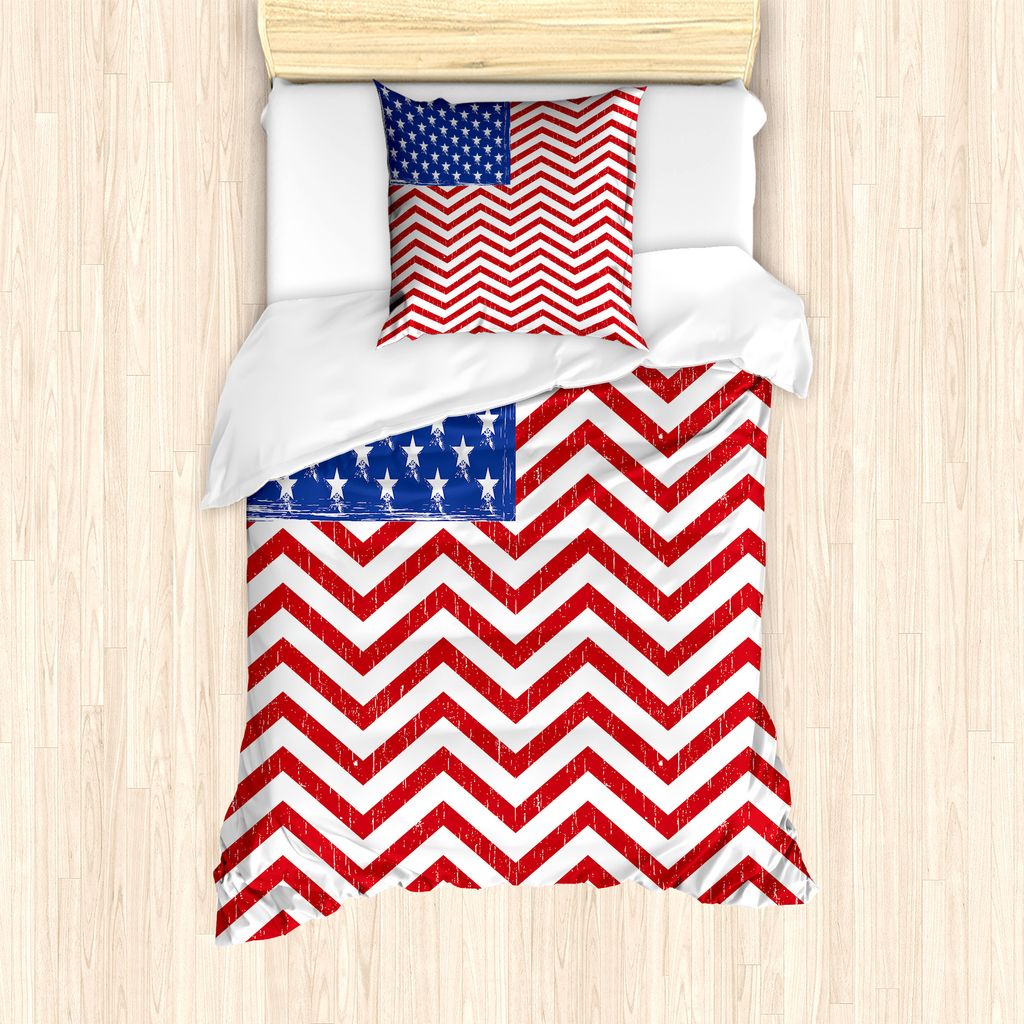 ABAKUHAUS USA Bettbezug Set für Einzelbetten, Landesflagge mit Zick-Zack-Linien, Milbensicher Allergiker geeignet mit Kissenbezug, 135 cm x 200 cm...