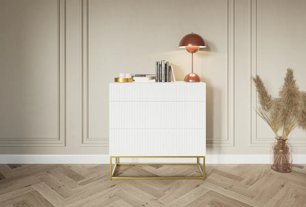 Commode 90 cm blanche VELDIO avec piètement en métal doré chic
