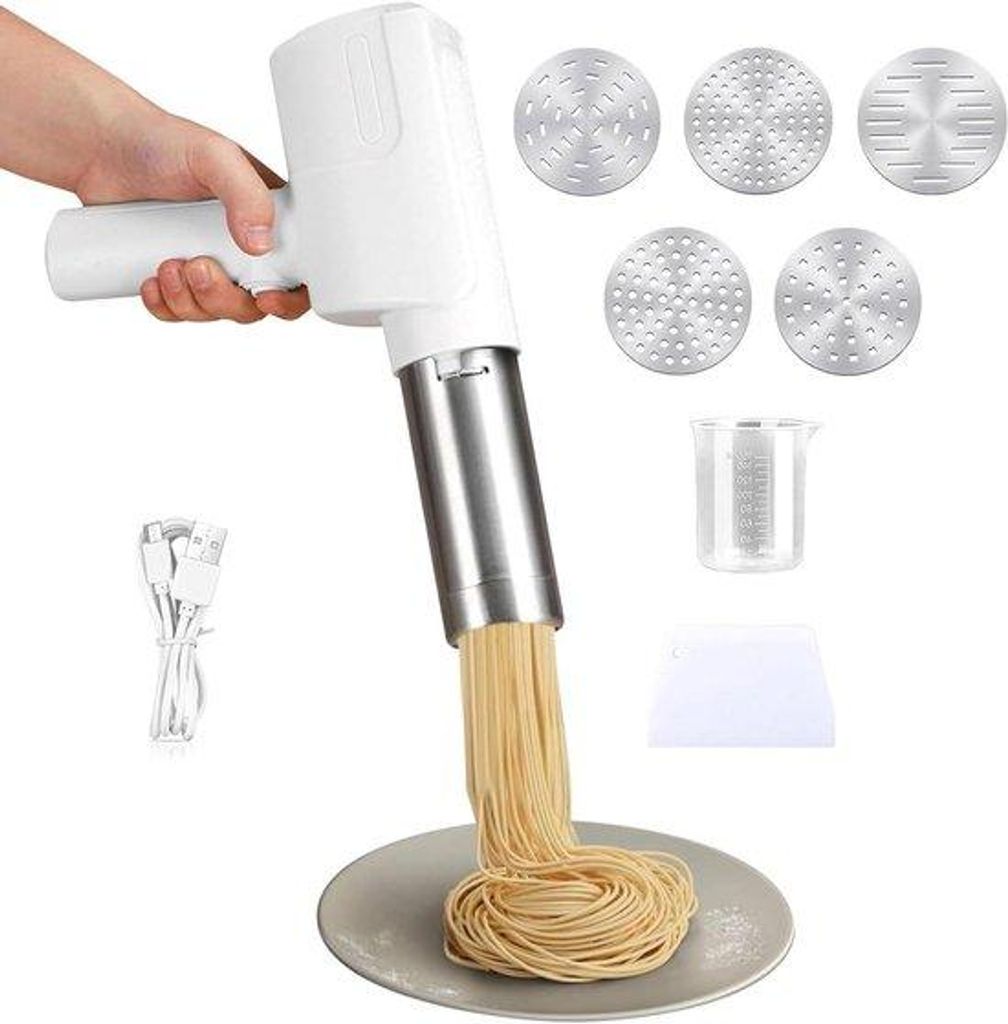 Elektrische Draagbare Pastamachine mit Batterie - Pasta Maker aus Edelstahl - 5 Formstücken - Automatische Keuchenausstattung