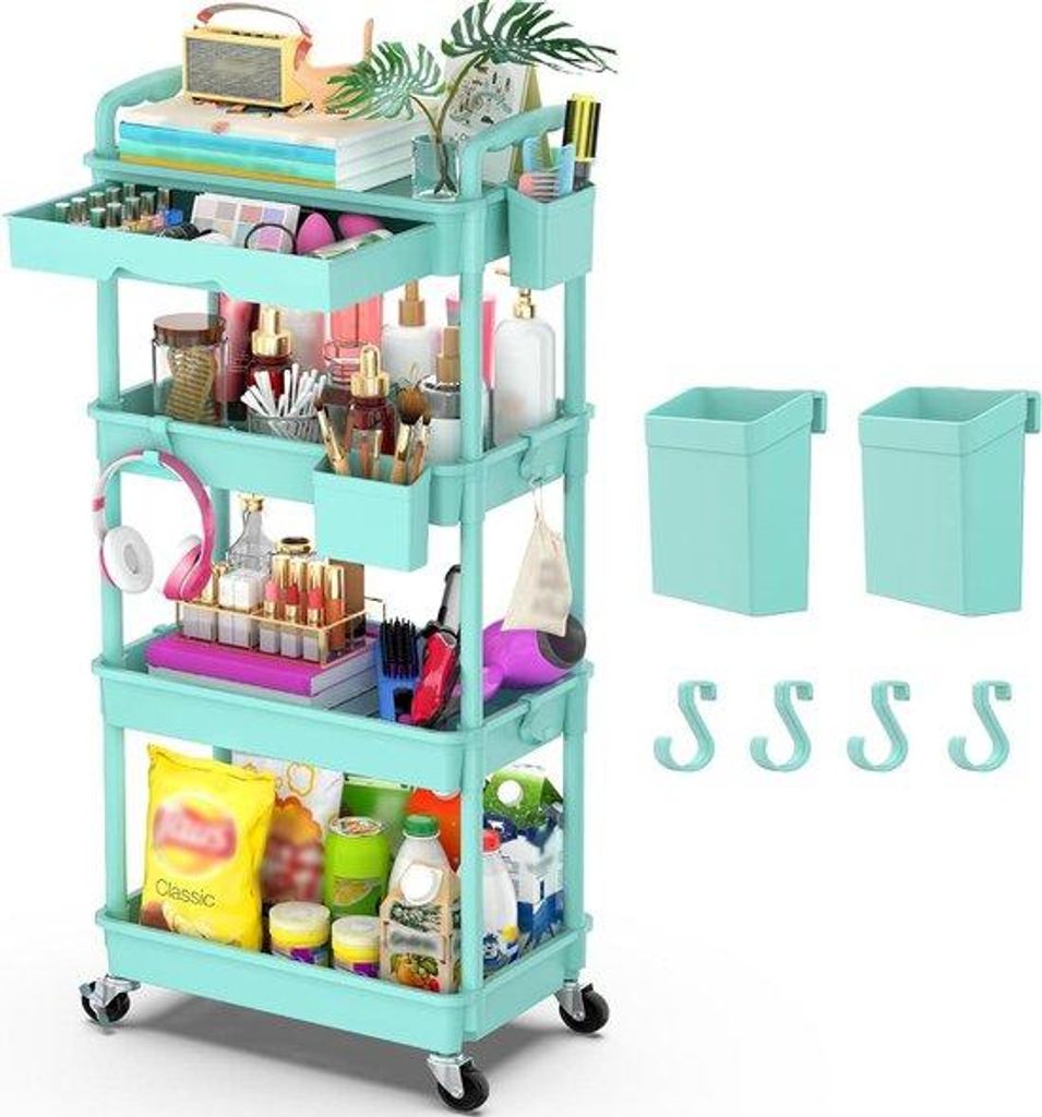 4-Türme-Artikellagerwagen mit Rädern und Aufsatz für Küche, Badezimmer, Büro und Wohnzimmer - Blau