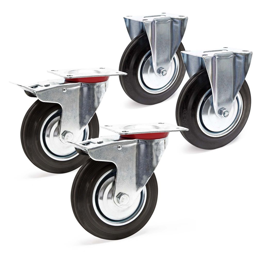 Wiltec Transportrollen Set 200mm 2x Doppelstopp-Lenkrolle und 2x Bockrolle mit Vollgummirad, 150kg pro Rad