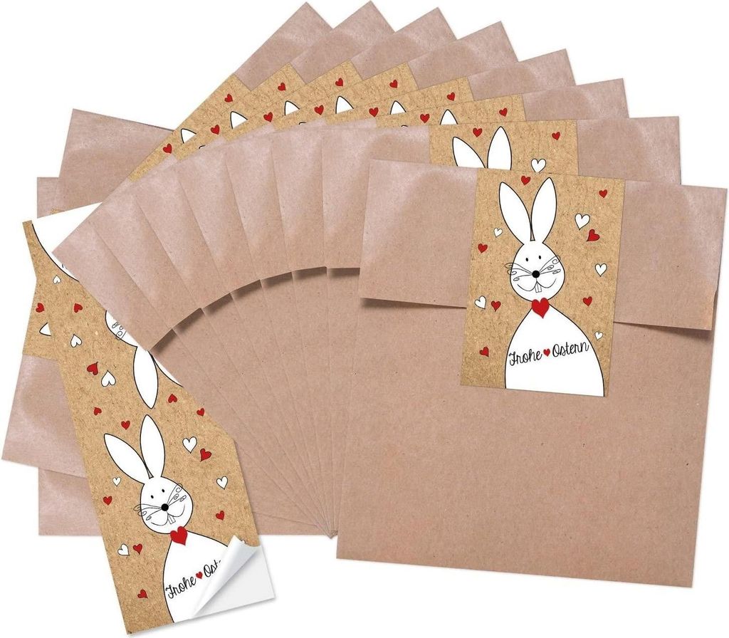 10 kleine braune Papiertüten Ostertüten Geschenktüten 13 x 18 cm + 10 Banderolen Osteraufkleber 5 x 15 cm Ostern Osterhase rot weiß Herz Verpac...