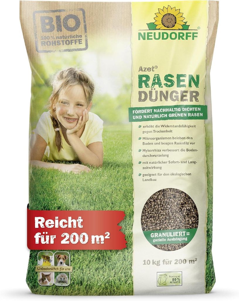 Rasen Dünger Bio 10kg 200m² haustierfreundlich, grüner dichter Rasen, landbaugeeignet, granuliert
