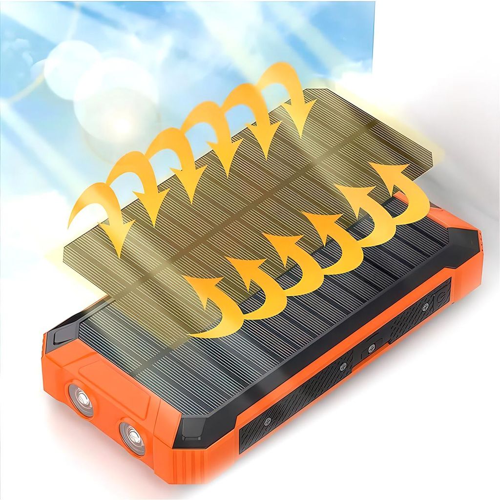 Solarladegerät, Solar-Powerbank, schnelles kabelloses Laden, 20000 mAh, 4 integrierte USB-Kabel, LED-Taschenlampe und Karabiner für iPhone und An...