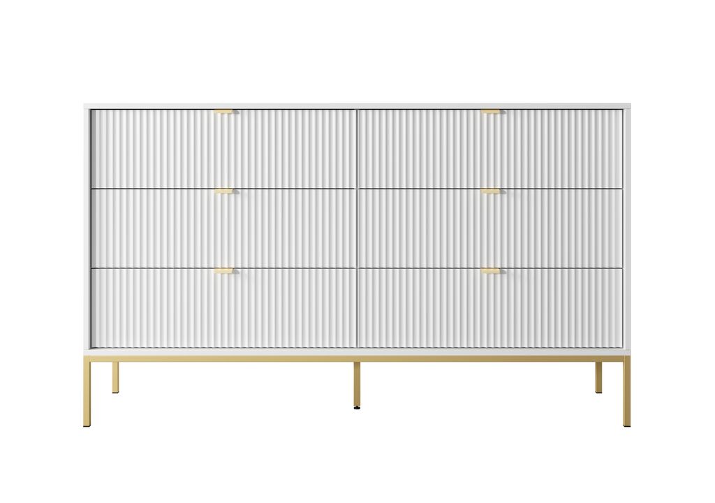 A white dresser with gold legs against a white background.