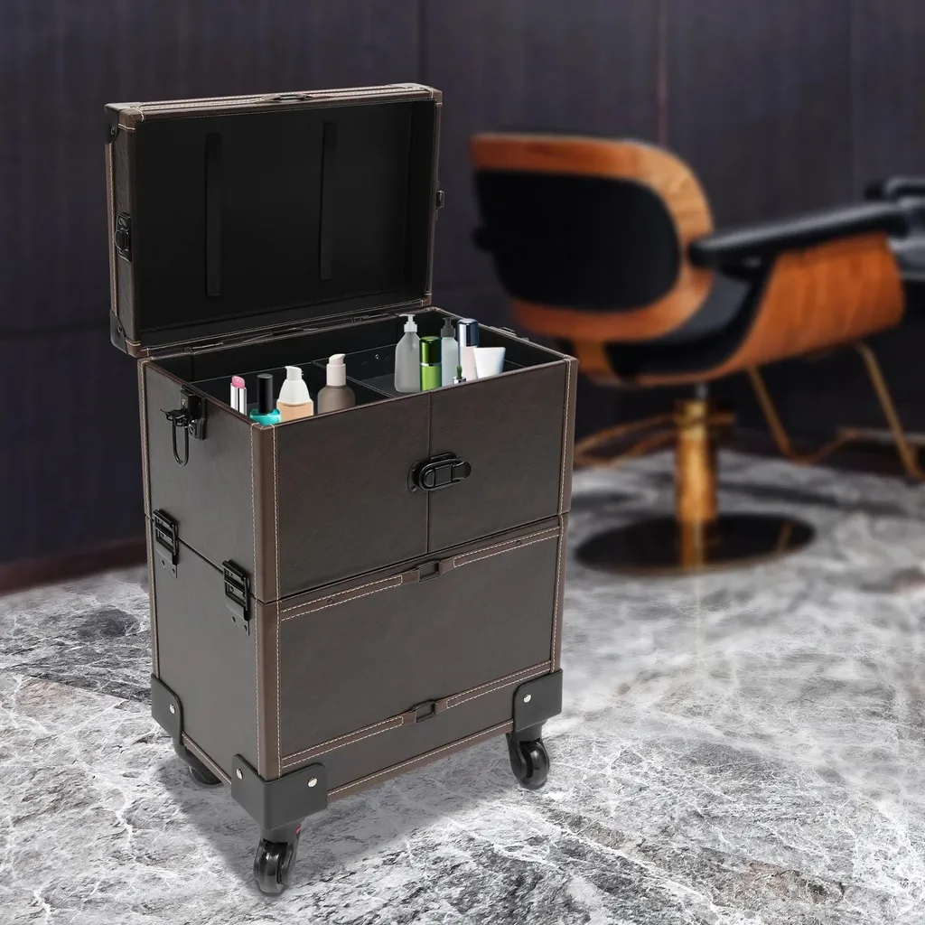 Valise à maquillage 4 roues pivotantes et poignée télescopique en cuir PU - 2