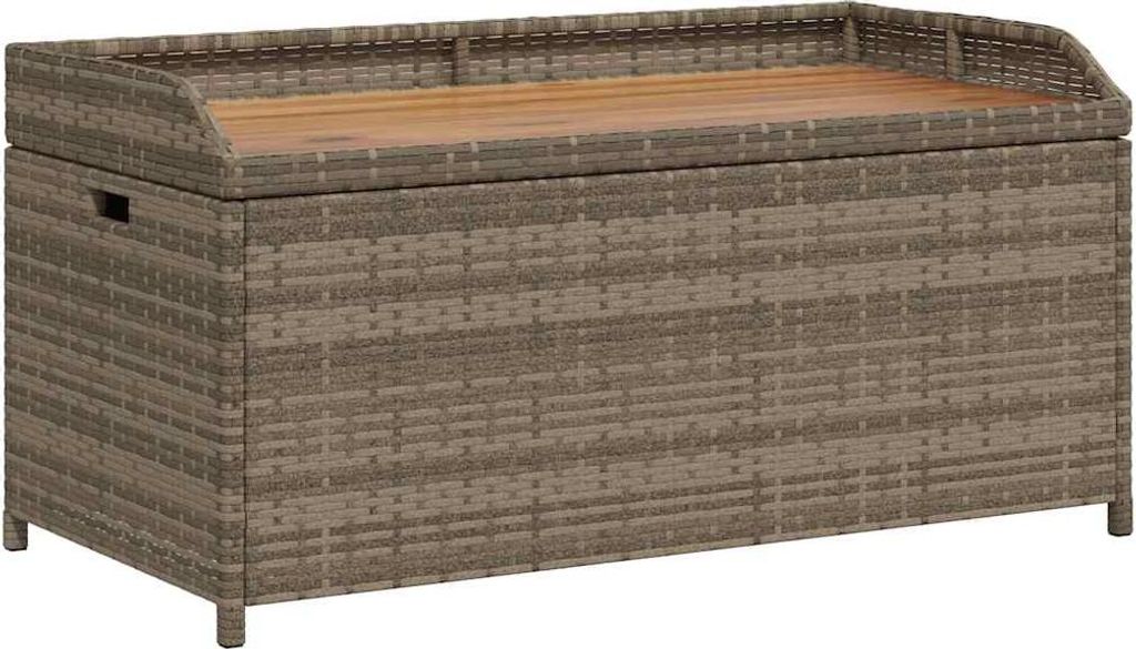 A storage bench made of poly rattan with a wooden top, shown from the front.