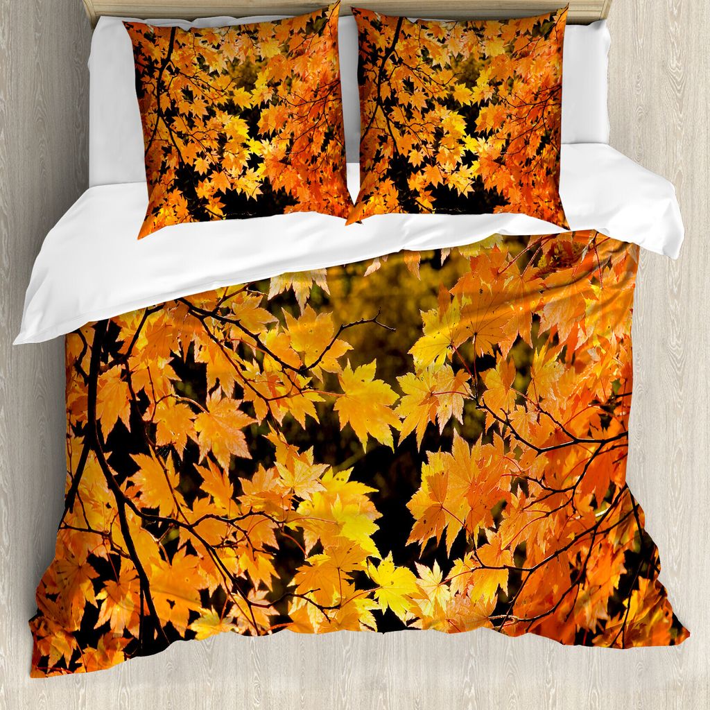 ABAKUHAUS Fallen Bettbezug, Vivid Herbst-Ahornblätter, Milbensicher Allergiker geeignet mit Kissenbezügen, 200 cm x 200 cm - 80 x 80 cm, Orange G...