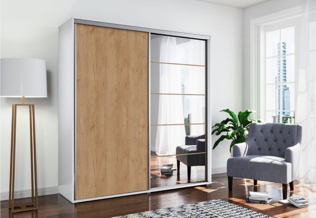 Geräumiger Kleiderschrank mit Spiegel 150/215 JACOBO – Weiß / Eiche Craft Gold