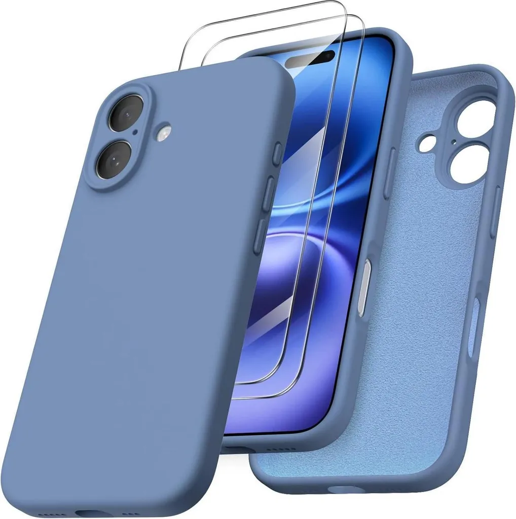 ORNARTO iPhone 16 Custodia Protezione Fotocamera 2 Pellicole Protettive Silicone Liquido Custodia Cellulare 6.1 pollici Blu