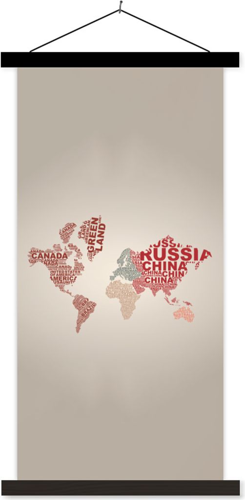 MuchoWow Textilposter Weltkarte - Karte - Briefe 40x80 cm mit schwarzem Rahmen - Wandemalerei