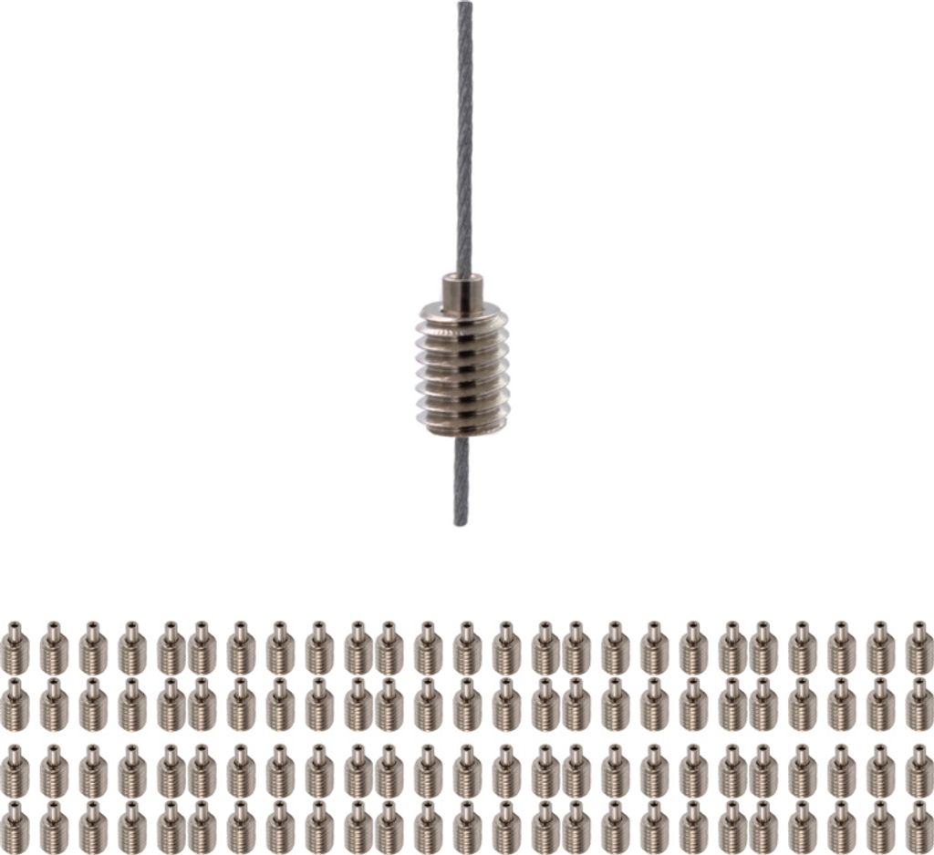 100x Drahtseilhalter / Gripper 12, M8 Außengewinde ohne Bund; für Drahtseil Ø 0,8 - 1,2 mm | vernickelt