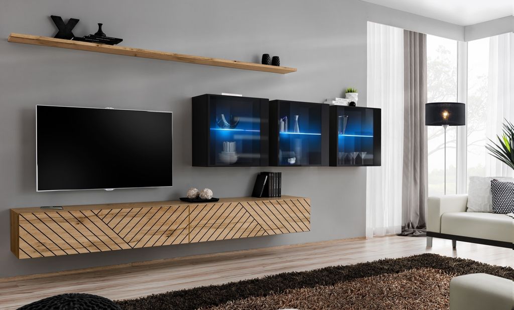 Anbauwand Wohnwand SWITCH XVII Wotan mit Lamellen Hochglanz PVC Push - Click Led