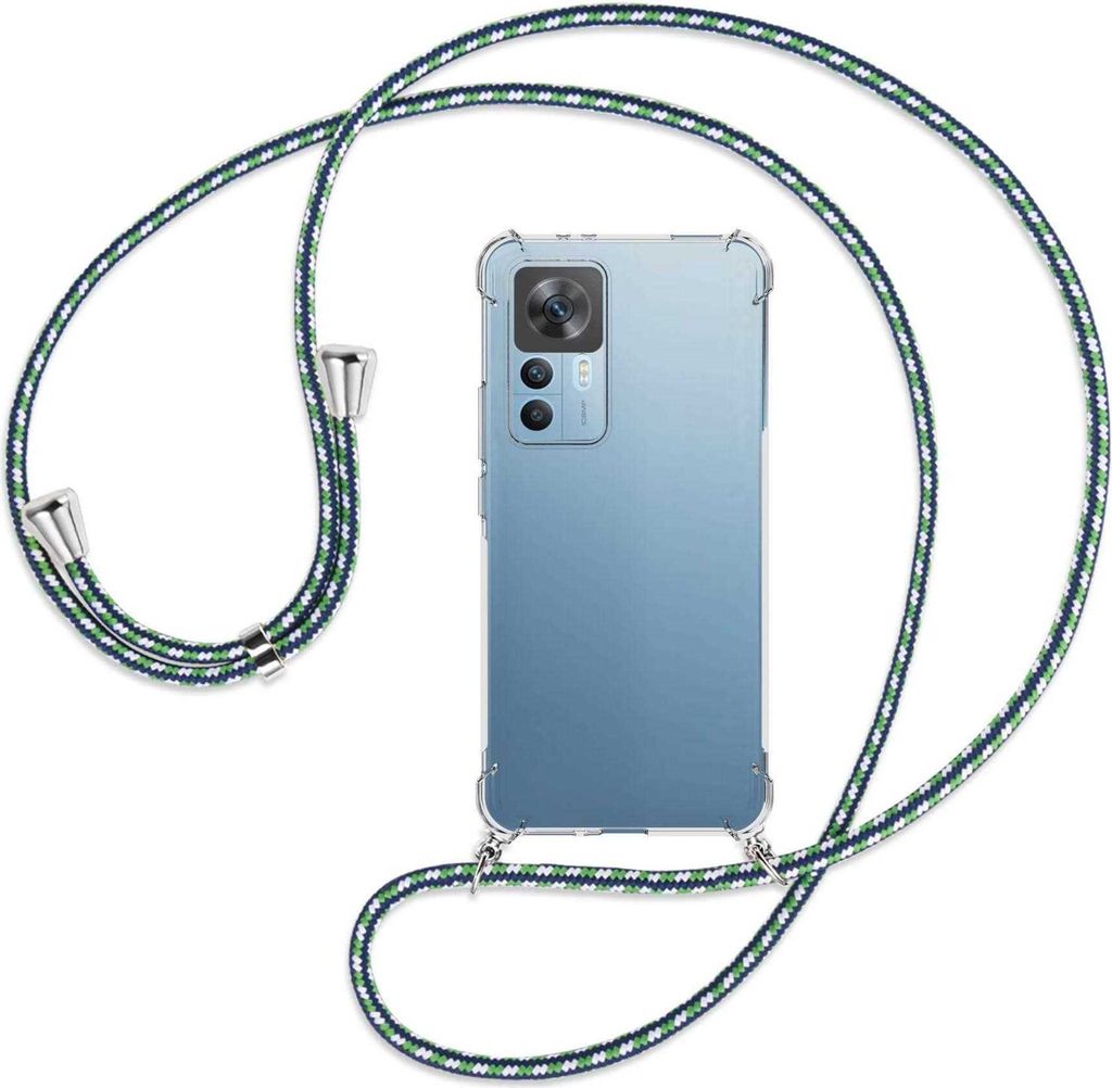 Handykette Backcover-Schutzhülle mit Band (Metall silberfarben) für Xiaomi 12T (6.67'' FC) - grün/blau/weiß