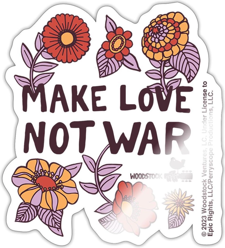 Spreadshirt Woodstock Make Love Not War Mit Blumen Rahmen Sticker Aufkleber, 10 x 10 cm, Weiß glänzend