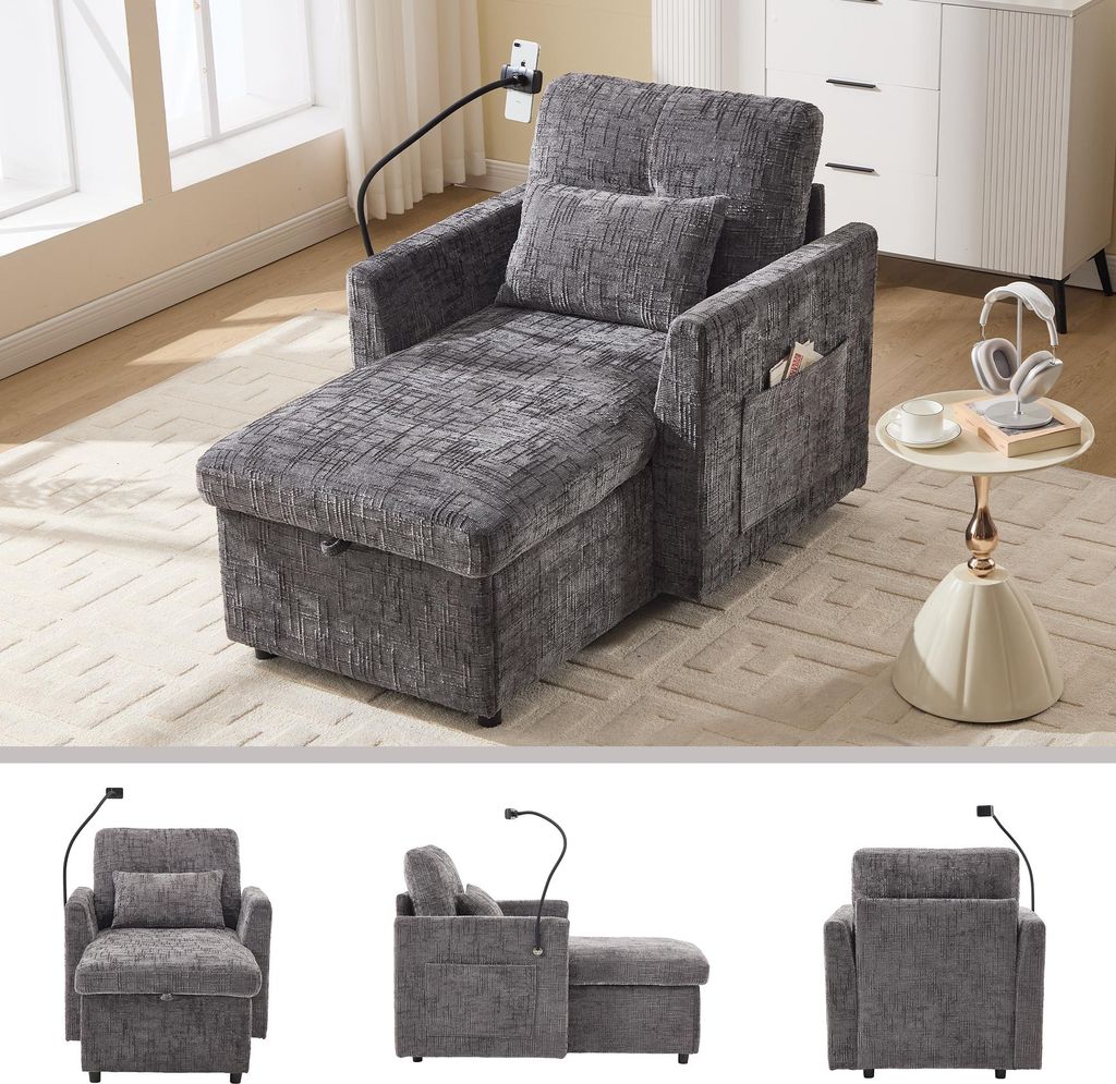 Multifunktionales Faulenzersofa verstaubare Rückenlehne mit Handyhalterung Chenille Einzelner Freizeitstuhl für Wohnzimmer Schlafzimmer kleiner H...