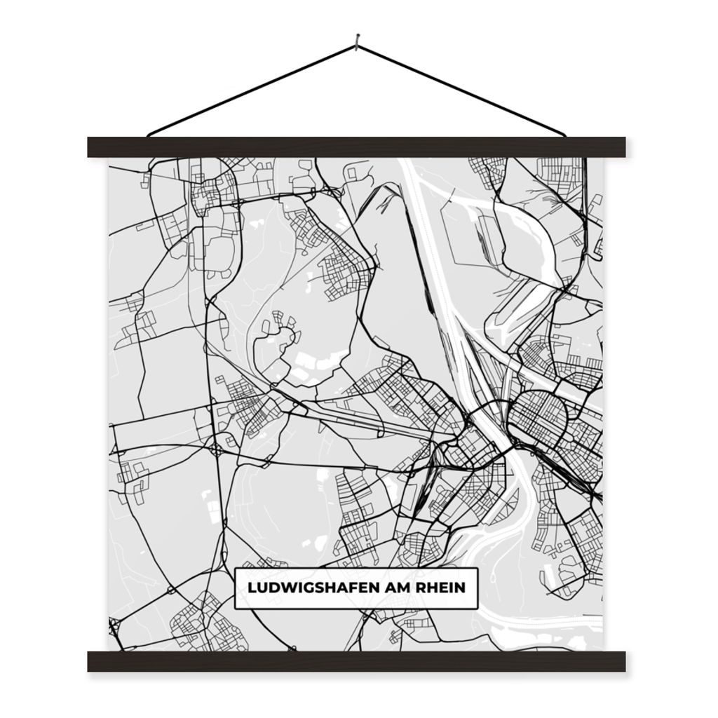 MuchoWow Textilposter Karte - Deutschland - Ludwigschafen Am Rhein - Karte - Stadtplan 90x90 cm mit schwarzem Rahmen - Magnetisches