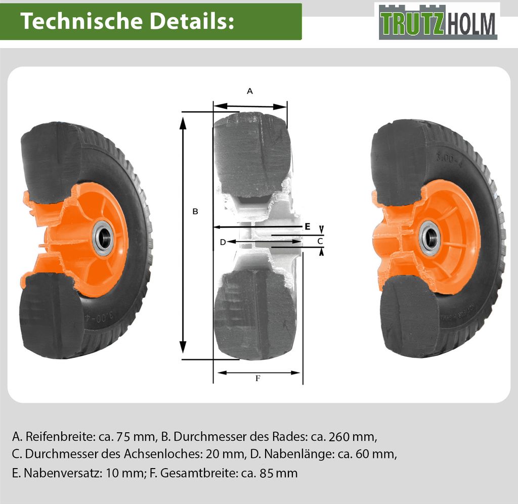 2x Sackkarrenrad Vollgummi 260x85 mm 3.00-4 60mm Nabenlänge Produktbild 4