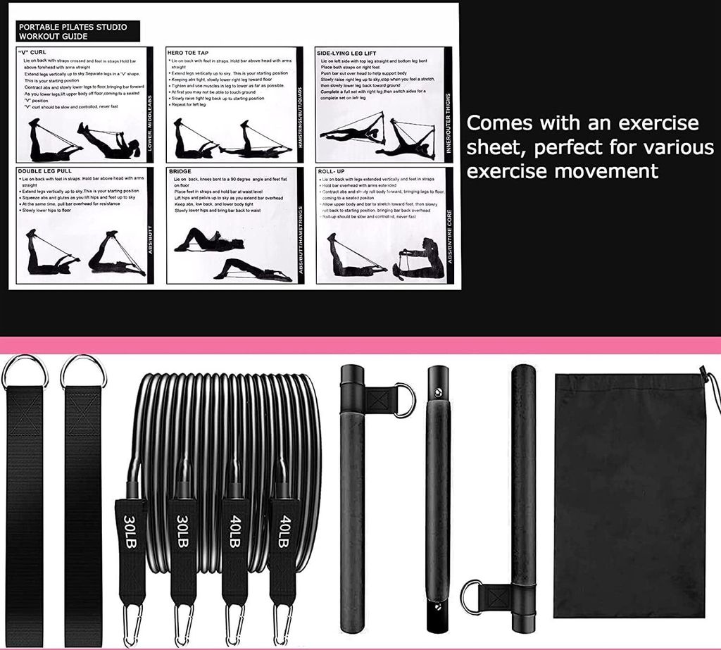 Kit Pilates Con Fasce Di Resistenza – Barra In Acciaio, Fasce 6.8/13.6/22.7 Kg E Accessori