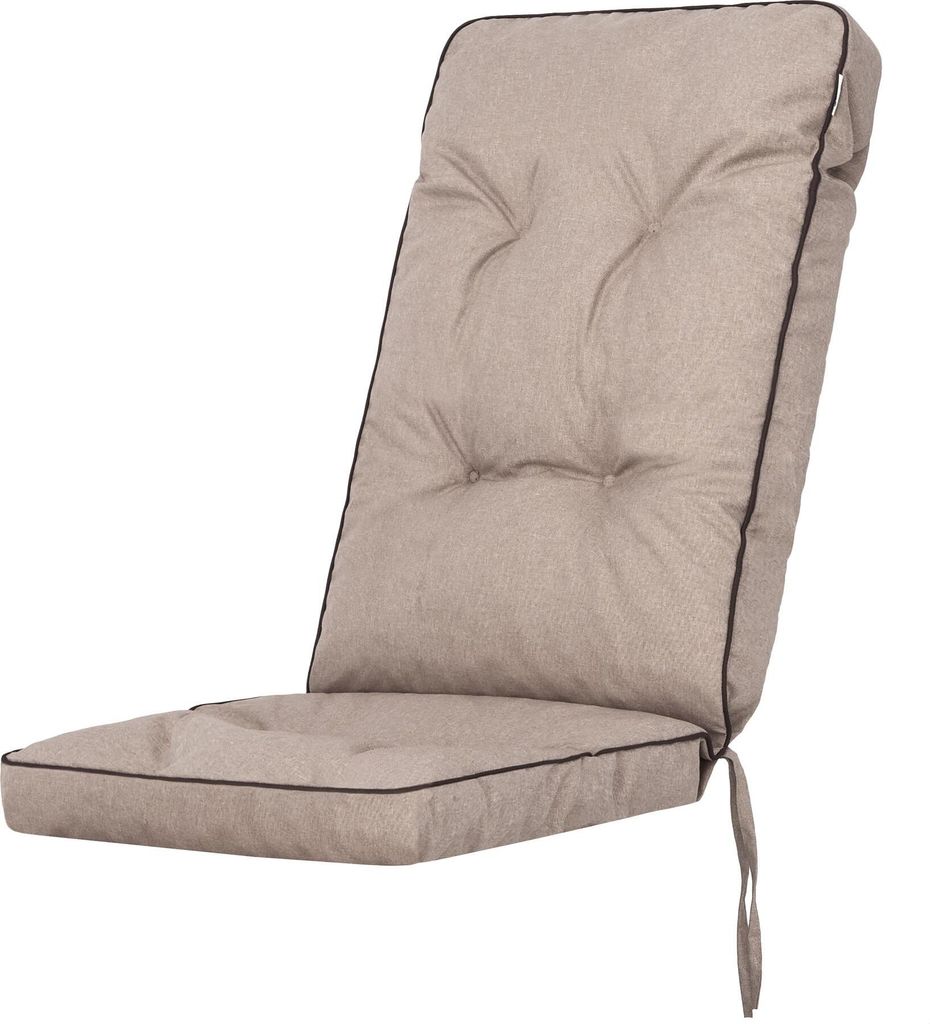 A beige chair cushion with dark trim, shown against a white background.