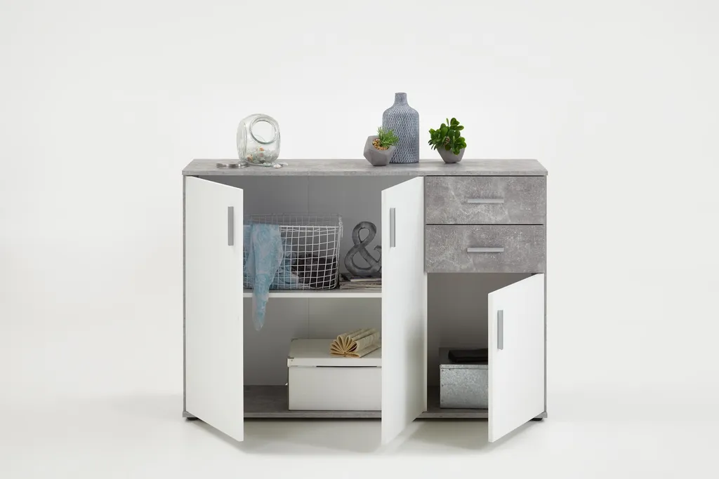 Commode ALBI 2 Design Béton avec 3 Portes et 2 Tiroirs Rangement Chic