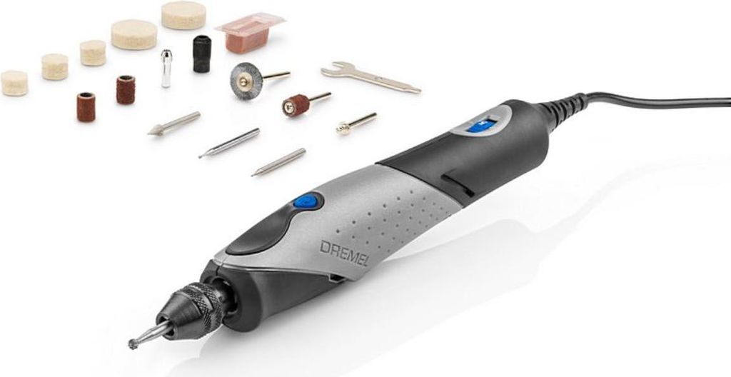 A Dremel rotary tool and its accessories are displayed on a white background.