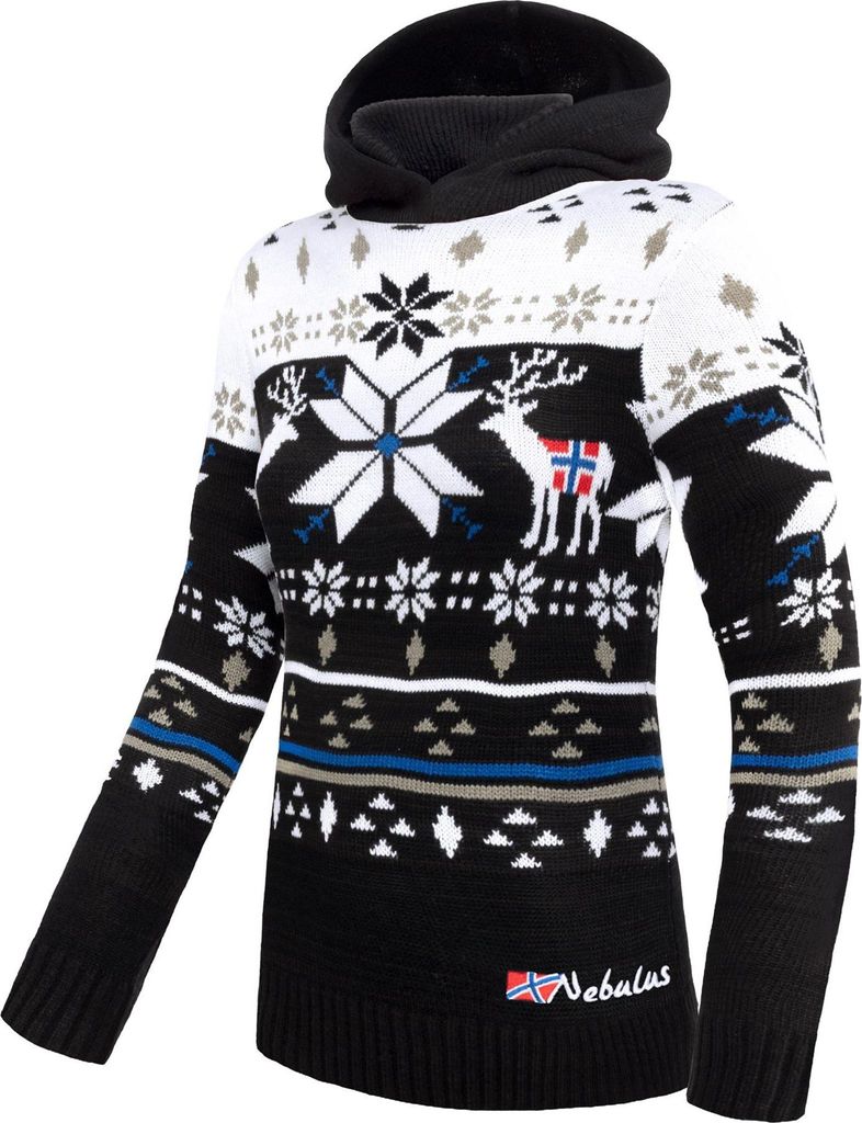Nebulus Norweger Strick-Hoodie NORJAN Damen, warmer Hoody , schicker Pullover im Norweger-Style , P6185 - Damen, schwarz-weiß, XL/42