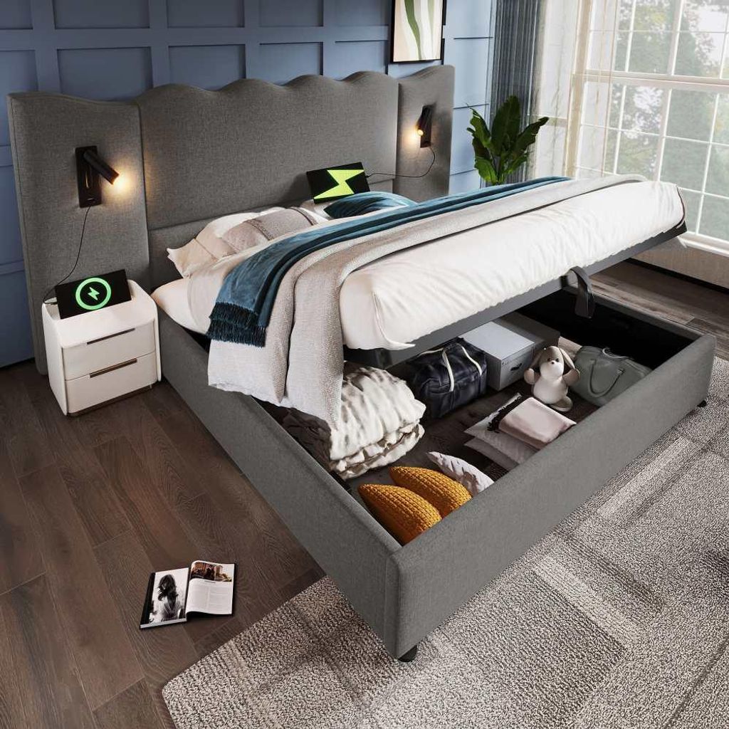 Beiges Stauraumbett mit Leselampe & USB-C-Ladefunktion, inkl. Lattenrost aus Holz und Metall, Leinen (ohne Matratze) Doppelbett 160×200