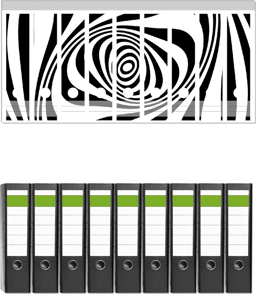 Wallario 9 Stück breite Ordner inkl. Klebeetiketten mit Motive Optische Täuschung - Zebra Muster - schwarz weiß - Set mit Rückenschildern / Ord...